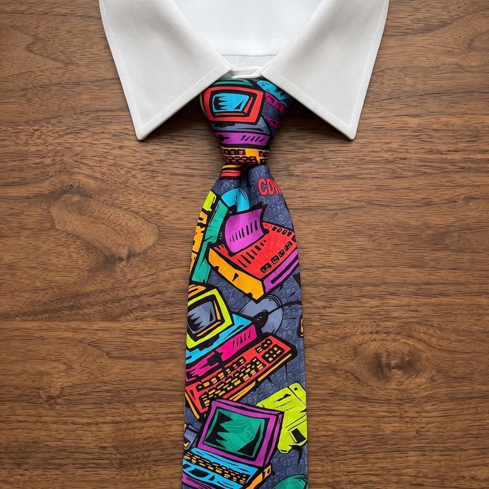 Vintage CDW Computer Discount Warehouse Silk Tie Retro Tech 90s PC Floppy Disks